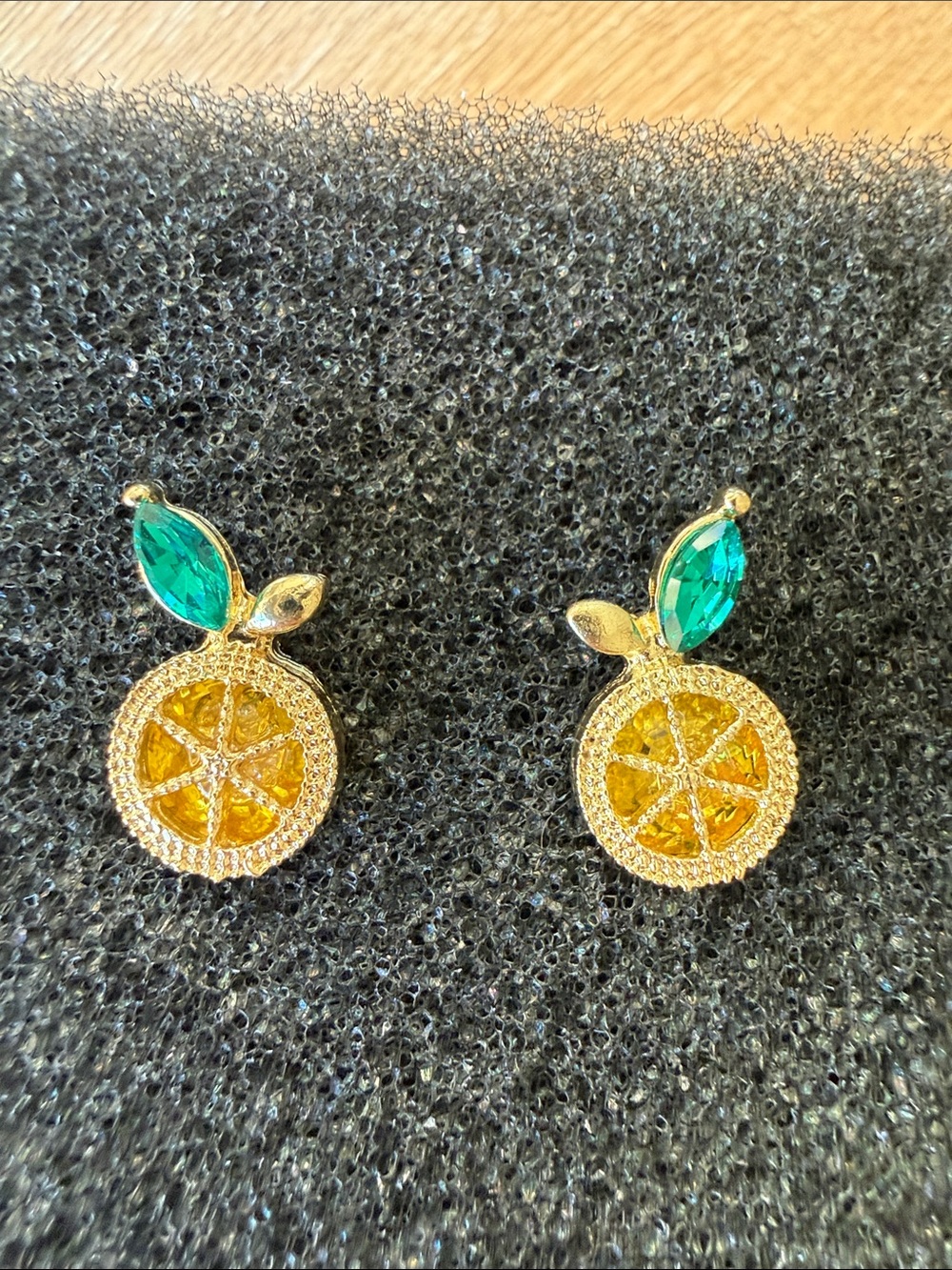 Gold Citrus Earrings with Emerald Leaf Accent - Women Jewelry
